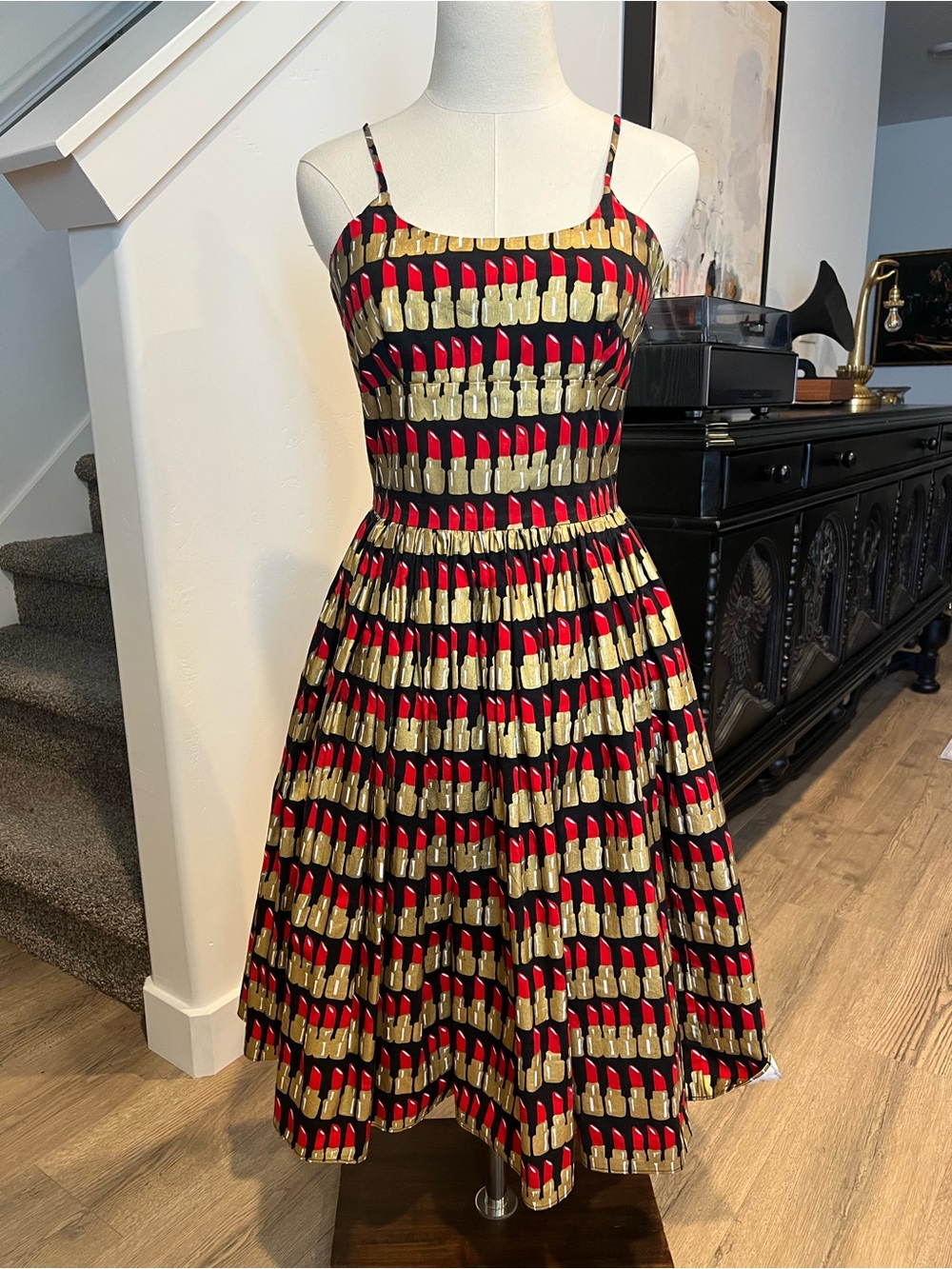 Rare Bernie Dexter Black Lipstick Dress with Red & Gold S